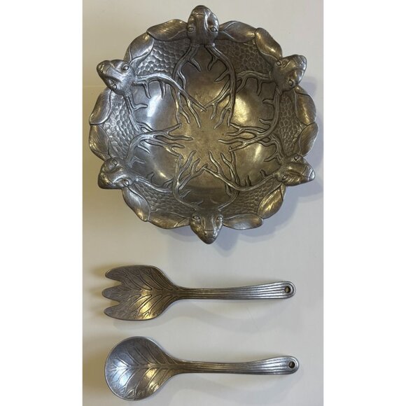 Vintage Arthur Court Aluminum Deer Bowl Fork & Spoon Tableware Stag Utensils